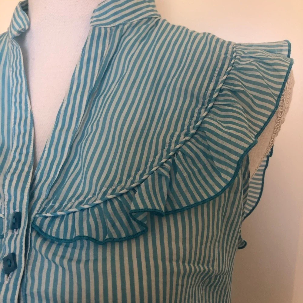 Zara Striped Ruffle Blouse Womens Small Teal‎ White Sleeveless Button Up - Picture 3 of 10